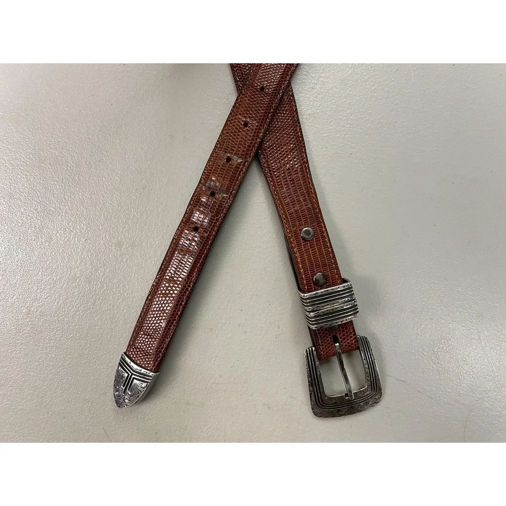 VTG Chacon Sterling Silver Genuine Lizard Belt Brown Mens 39 Fits 38 39 40 41 42